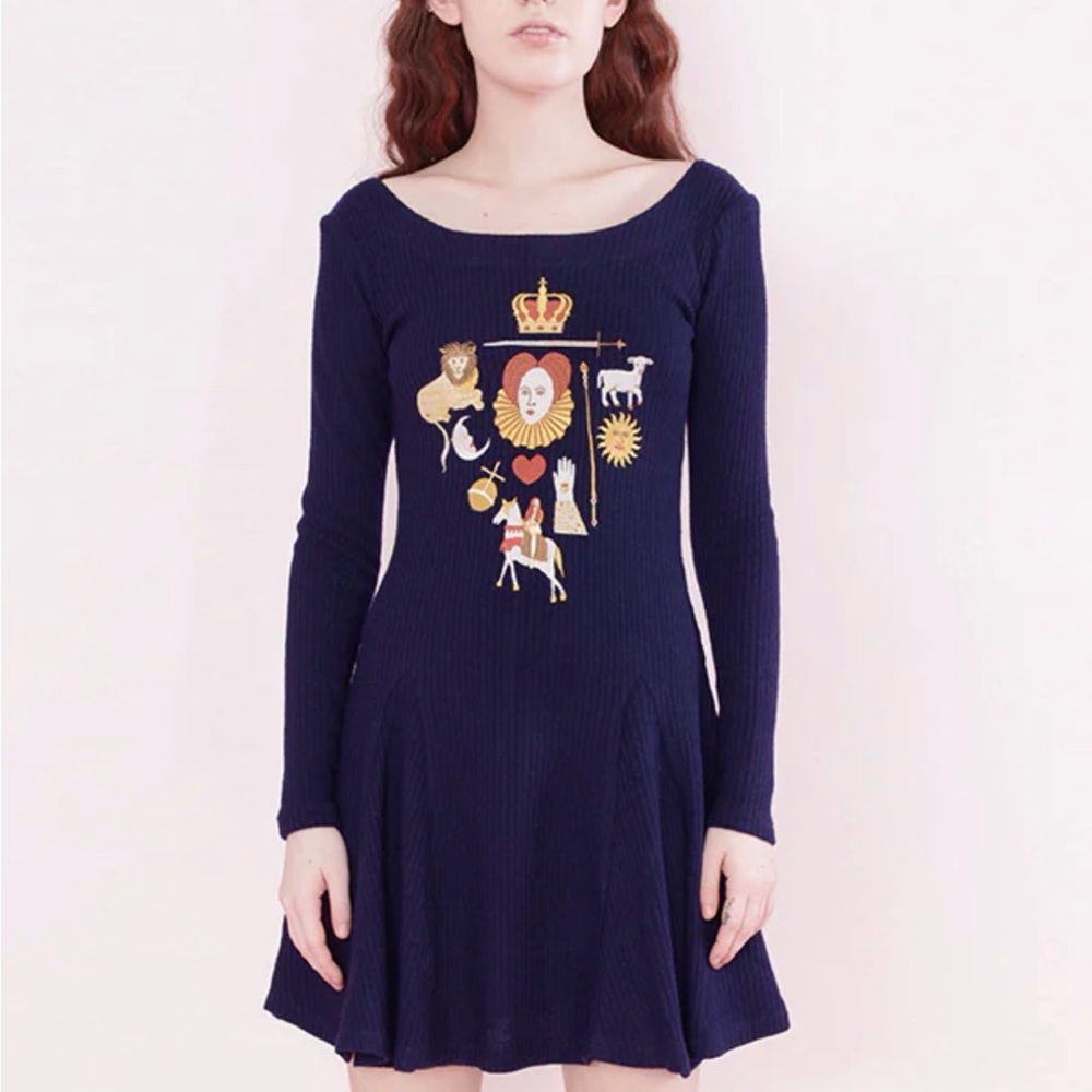 Samantha Pleet Navy Blue Long-Sleeve Mini Dress with Multicolor Crest Motif